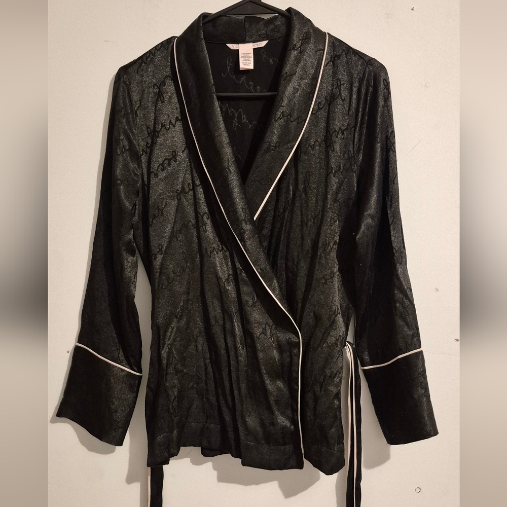 Victoria's Secret Black Lace Robe with White Trim